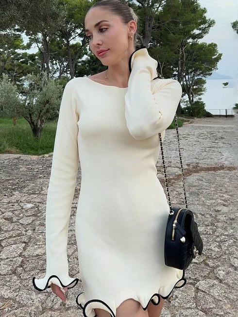 Women's Knit Mini Dress Ruffled Autumn High Waist Elegant Slim Party Dress Patchwork Knitwear
