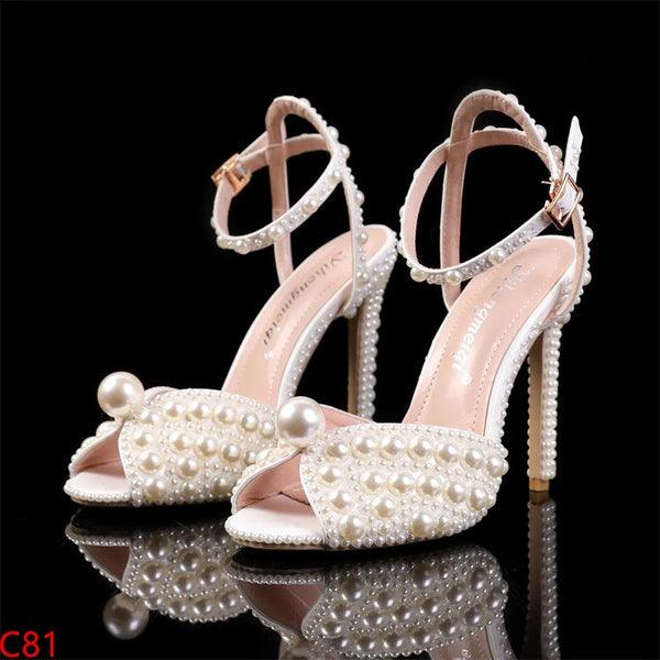 Luxury Peep Toe Wedding Sandals for Women with Pearls and Studs - Super High Gladiator Heels with Buckle Strap and Thin Heel Design