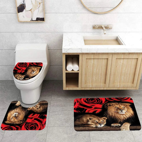 4 Piece Doormat Shower Curtain Set with Non-Slip Rugs Toilet Seat Cover and Bath Carpet for Bathroom Decor