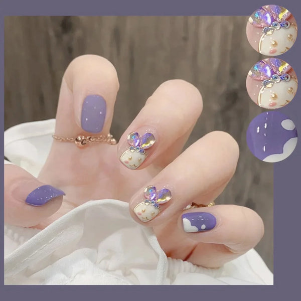 Bunny Design Full Coverage Artificial Press On Nail Art - 24Pcs Taro Purple Removable Acrylic False Nails for Stunning Nail Art Looks