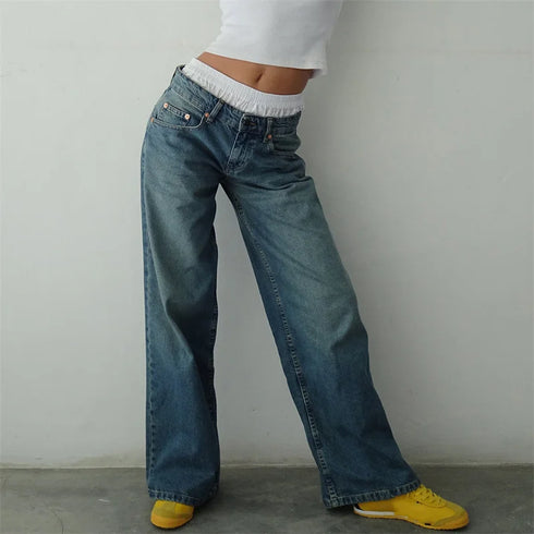 Y2K Inspired Wide Leg Denim Pants for Women - Trendy Low Waist Jeans with Multi Pockets Perfect for Summer Streetwear and Fall Outfits