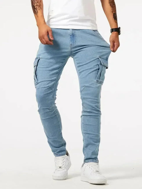Elastic Denim Cargo Jeans For Men Slim Fit With Pockets Daily Wear