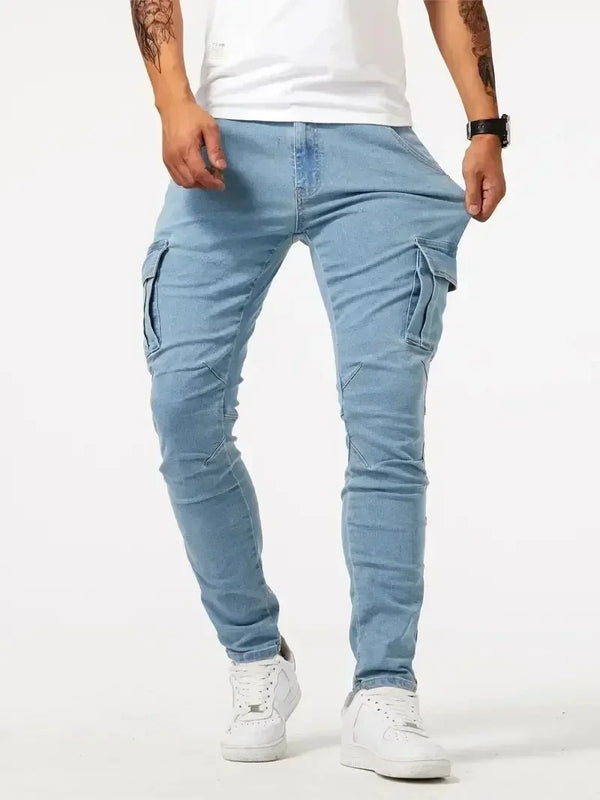 Elastic Denim Cargo Jeans For Men Slim Fit With Pockets Daily Wear