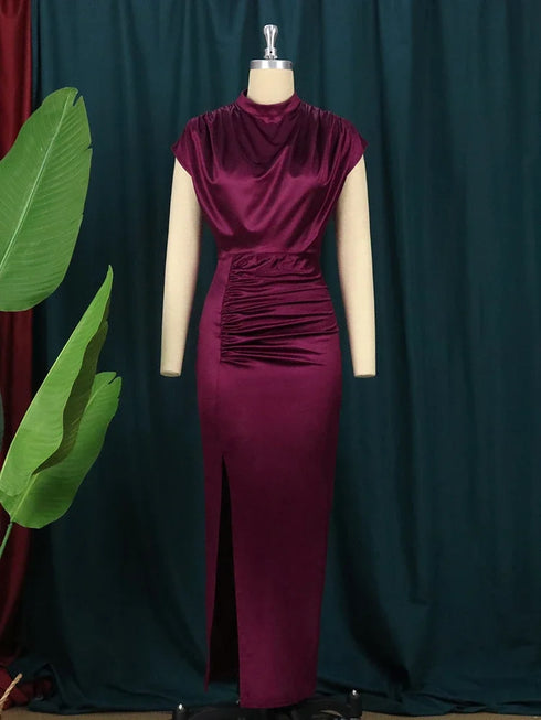 Women Dress Pleated Long Elegant Slit High Collar Maxi Gowns Party