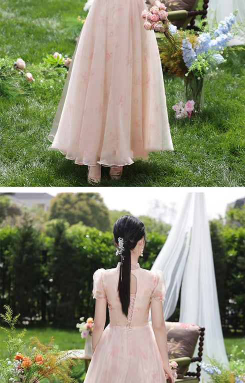 Off Shoulder Bridesmaid Dress Elegant Bubble Sleeve Floral Print Aline Gown For Party