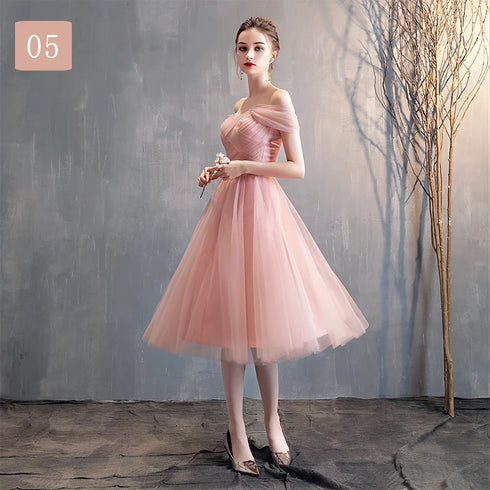 Bridesmaid Dress Tea-Length Tulle With Built-In Bra, V-Neck Pleated Design For Prom And Wedding Dress