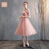 Bridesmaid Dress Tea-Length Tulle With Built-In Bra, V-Neck Pleated Design For Prom And Wedding Dress