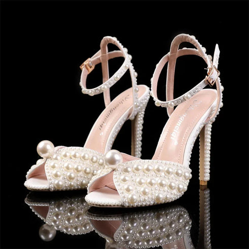Elegant Women’s Gladiator Sandals with Luxury Pearls and Studs – Chic Peep Toe High Heels for Weddings and Special Occasions