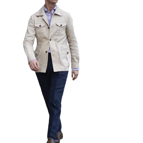 Men's Fashionable Safari Jacket - Casual Linen Outerwear with Pockets for Spring and Autumn - Retro British Gentry Style Tops for Men