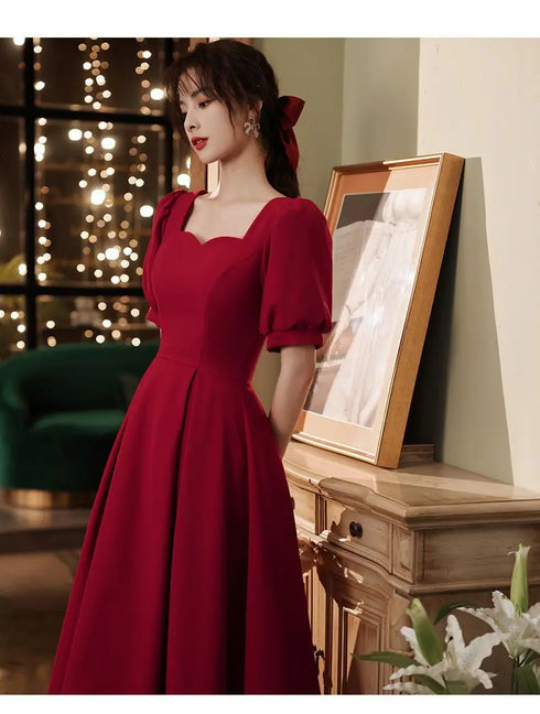 Elegant Red Midi Dress Women Summer Vintage Evening Party Dress Casual Fashion Formal Occasions One Piece Dress