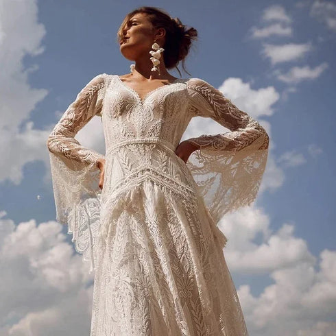 CustomizedBohemia Vintage Wedding Dresses For Women V-Neck Backless Gowns Flare Sleeves Lace Robes