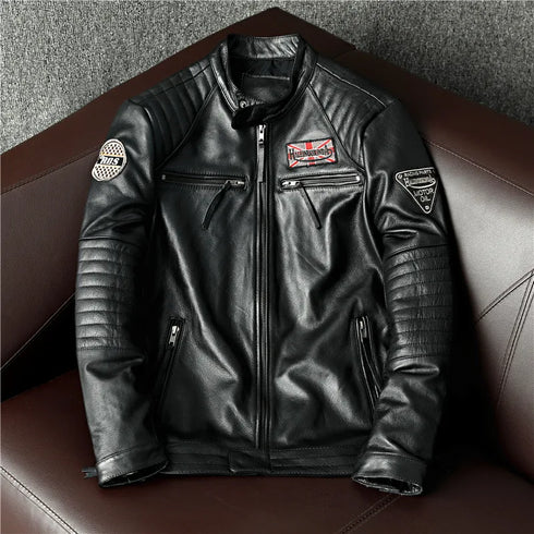Vintage Genuine Leather Biker Jacket for Men – Slim Fit Cowhide Motorcycle Outerwear with Pockets and Embroidery Details for All Seasons