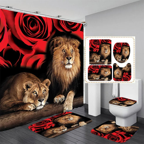 4 Piece Doormat Shower Curtain Set with Non-Slip Rugs Toilet Seat Cover and Bath Carpet for Bathroom Decor