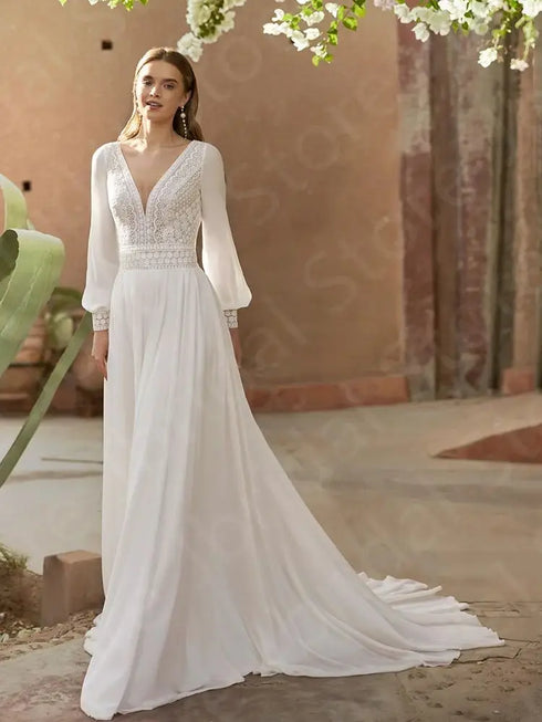 Charming Customized Beach Bridal Gowns with Long Sleeves and V Neckline