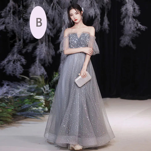 Off Shoulder Lace Illusion A Line Dress Floor Length Glitter Tulle Bow Bridesmaid Dress