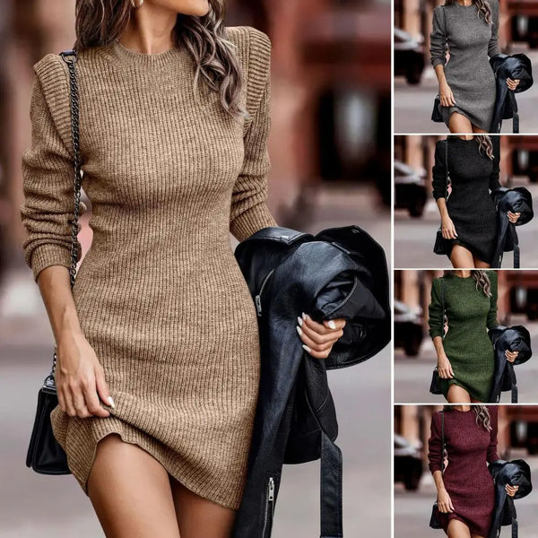 Mini Dress Streetwear Bodycon Dress O-Neck Elegant Party Ribbed Sweater