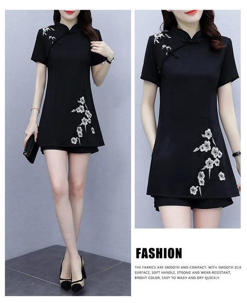 Women's Suit Chinese Style Outfits Matching Crop Top Shorts Two Piece Sets Summer Retro Cheongsam Lady Clothes