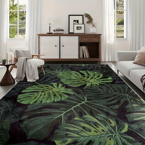 Tropical Dark Green Leaves Pattern Living Room Area Rug Washable Indoor Floor Mat Decor