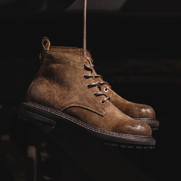 Vintage-Inspired Men's Casual Leather Ankle Boots - Lace-Up Winter Work Shoes