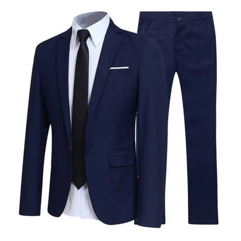 1 Set Men Jacket Pants Solid Color Turndown Collar Slim Fit Business Suit Set for Wedding Office