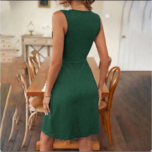 Stylish Solid Color Sleeveless Off Shoulder V Neck Dress for Women Summer Slim Party Dress