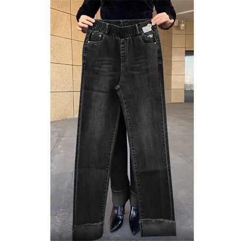 Elastic Waist Jeans For Women High Waist Wide Leg Denim Pants Loose Fit Casual Trousers