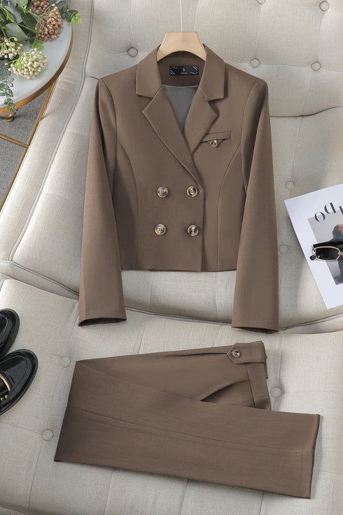 Chic Women's Office Suit Set: Long Sleeve Double Breasted Short Tops with Slim High Waisted Pencil Pants for Spring Fashion