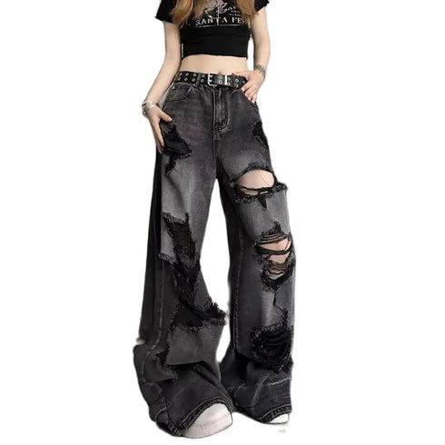 Vintage Wide Leg Ripped Denim Jeans for Women - Y2K Style Loose Fit Straight Pants Perfect for Fall Outfits and Streetwear Inspiration