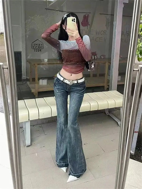 Vintage Y2K Inspired Low Waist Flare Jeans for Women - Perfect for Fall Outfits and High Street Style with Embroidery and Distressed Details