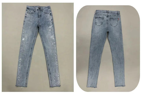 Fashion Rhinestone Jeans Female High Waist Slim Pencil Pants