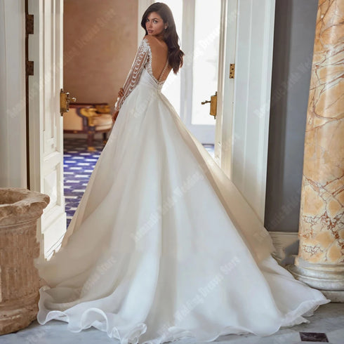 Elegant V-Neck Wedding Dress for Women A-Line Backless Gowns