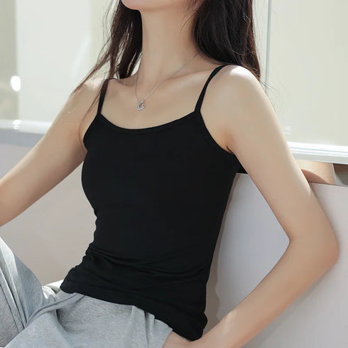 Summer Women's Solid Color Cotton Spaghetti Strap Tank Tops - Casual Sleeveless Crop Vest