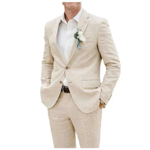 Chic Linen Suits for Men Casual Flat Front Single Breasted Blazer and Pants Outfit