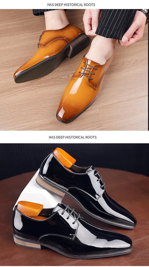 Luxury Designer Men's Oxfords - Lace-Up Patent Leather Pointed Dress Shoes for Formal Occasions and Business Events