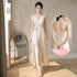 Backless Satin Sleeveless Ankle-Length Evening Dress for Bridesmaid Dress with Built-In Bra and Bow