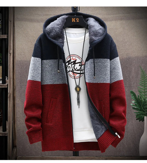 Men's Fleece Knit Sweater Coat with Stripes - Stylish Casual Jackets and Hoodies for Winter and Autumn, Thick Warm Windbreaker Pullovers for Everyday Wear