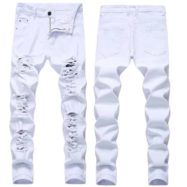 Hole Denim Men's Ruined Hole Jeans Slim High Street Trousers