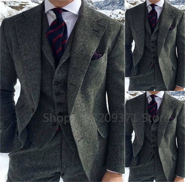 Winter Herringbone Tweed Suit Set for Men - Formal Slim Fit Groom Tuxedo