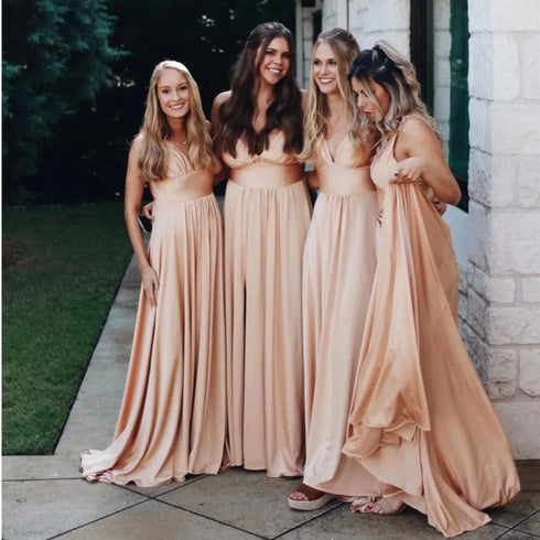 Bridesmaid Dress V-Neck Backless Sleeveless Satin Floor-Length with Pleats for Formal Evening Wedding Dress