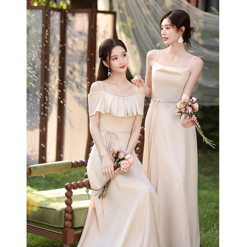 Bridesmaid Dress Satin Off-Shoulder Ruffle A-Line Floor-Length Lace-Up Gown Wedding Dress
