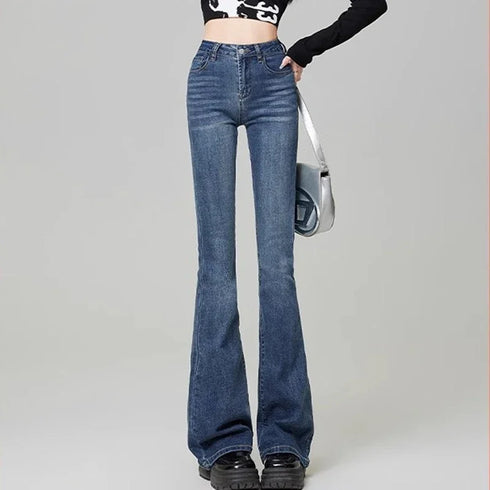 Korean Style Women's Grunge Flare Jeans - Y2K Bell Bottom Trousers for All Seasons, Perfect for Fashionable Streetwear and Fall Outfit Inspiration