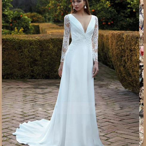 Chic A-Line Bridal Gown with Lace Long Sleeves and V-Neck Design