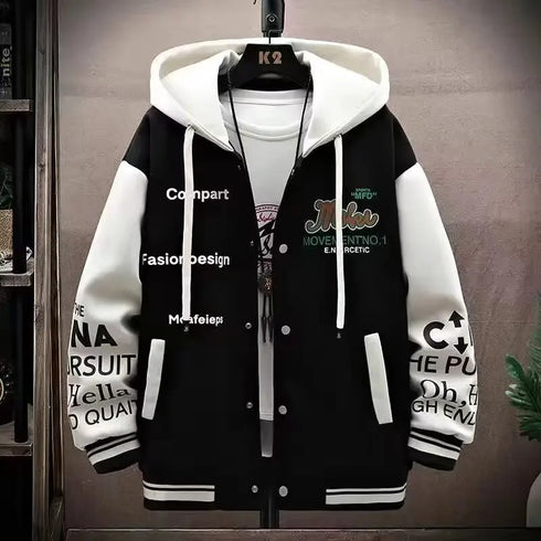 Men's Casual Hooded Jacket M-6XL - Spring and Autumn Korean Fashion Loose Fit Coat with Baseball Jersey Style and Letter Pattern
