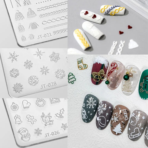 3D Relief Snowflake Sweater Carving Mold for Nail Art - Santa Claus and Elk Christmas Manicure DIY Template with Storage Box and Scraper