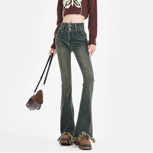 Ripped High Waist Flared Jeans For Women Retro Denim Trousers Casual Street Style Classic Fit