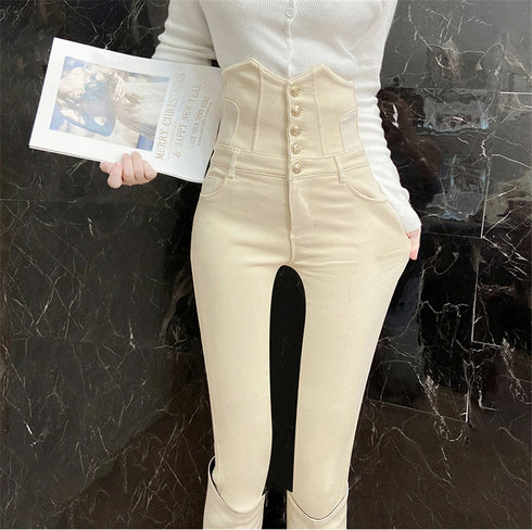 Beige Super High Waist Pencil Jeans Women Korean Slim Denim Pants