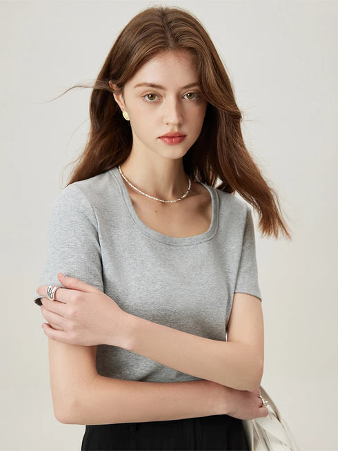 FSLE【4 Colors】Women Round Neck Casual Grey Summer T-Shirt Black Cotton Square Neck Short Sleeve Elastic Tees 24FS12797+24FS12798