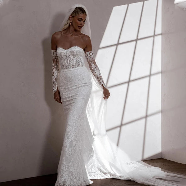 Charming Removable Sleeves Sweetheart Full Lace Mermaid Wedding Dress Sweep Train Bridal Gown