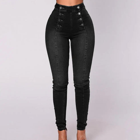 High Waist Buttons Decoration Shaping Women Jeans Streetwear