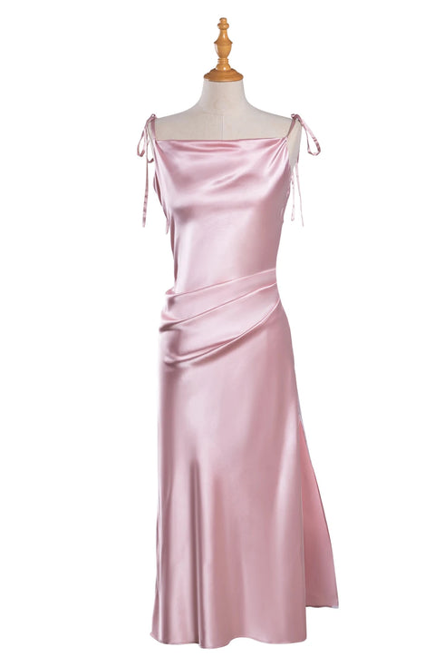 Elegant Satin Cowl Neck Sleeveless Midi Dress With Side Slit Spaghetti Straps Bridesmaids Dress